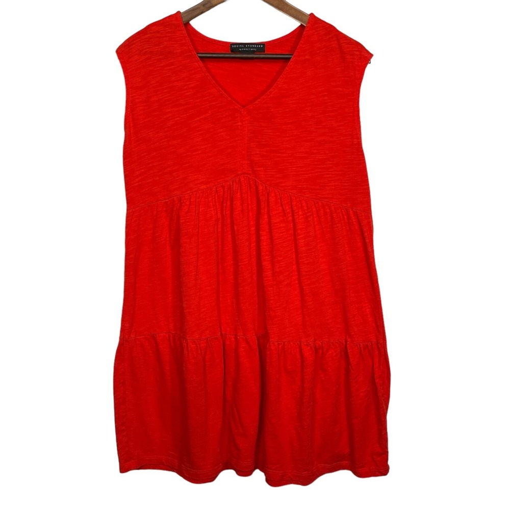 Social Standard Sanctuary Tiered Dress Womens Medium Red V-Neck Slub Excellent